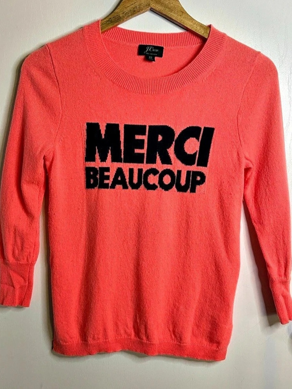 J.Crew Sz XS Merci Beaucoup Cashmere Crewneck Novelty Sweater Preppy Luxury Chic